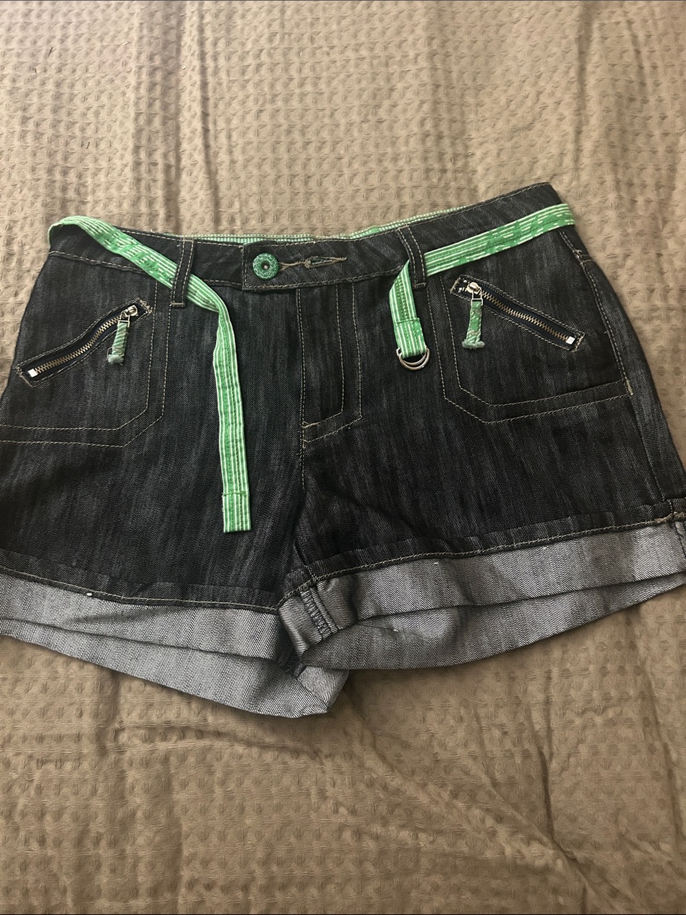 Cato Dark Denim Shorts with Bright Green Trim